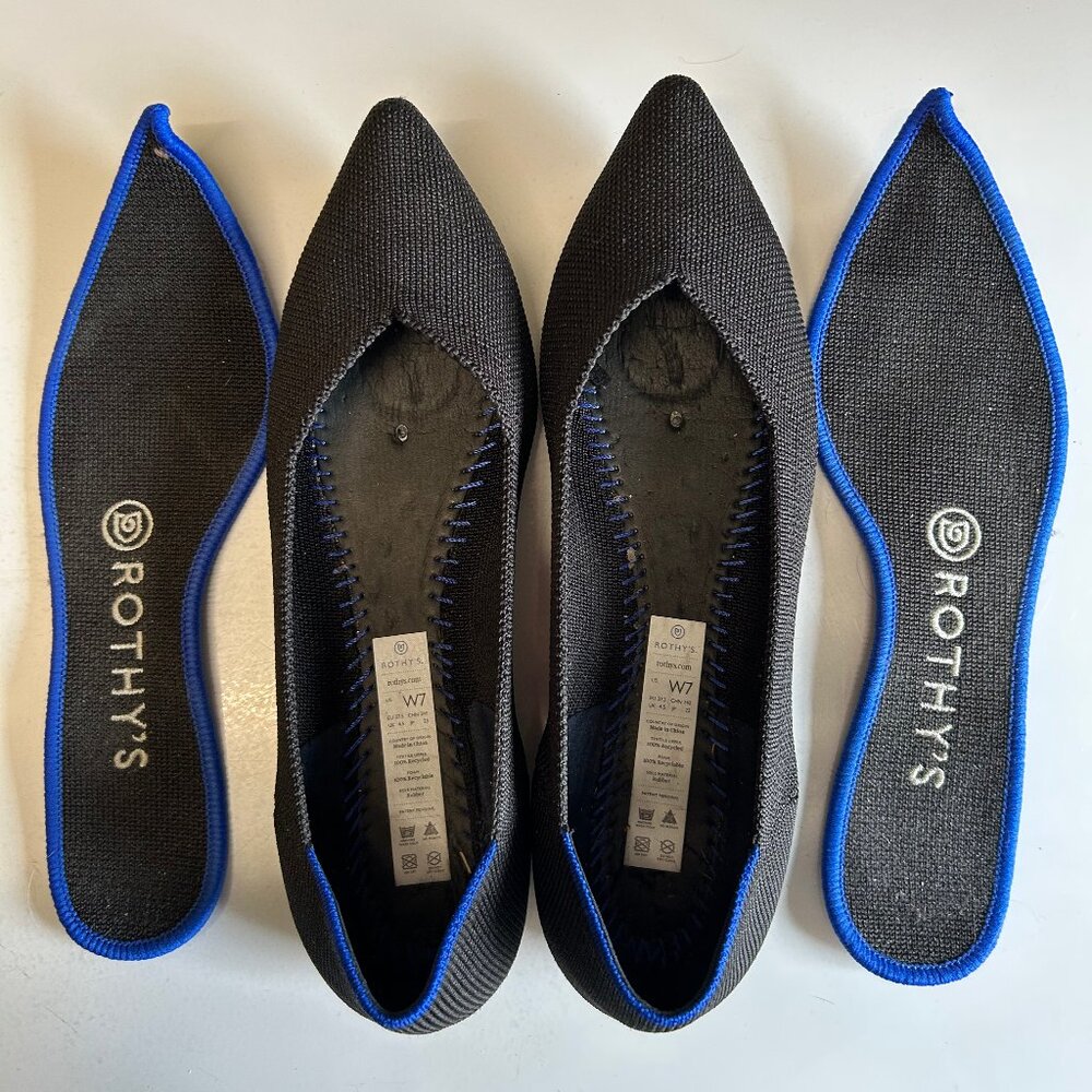 Rothy's Black Pointed Flats with Blue Trim